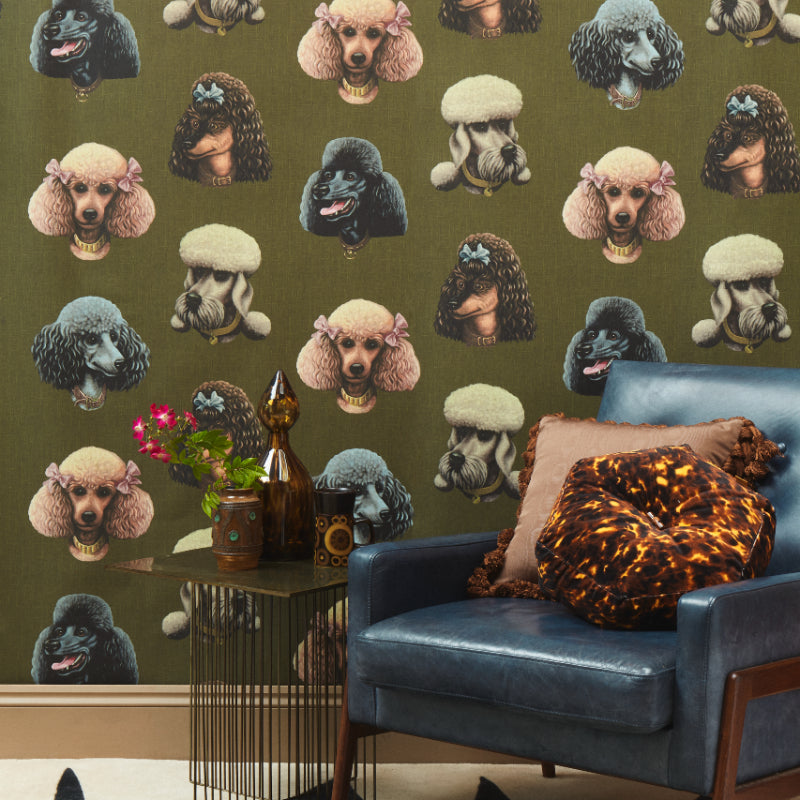 Poodle Parlour in Moss - Wallpaper